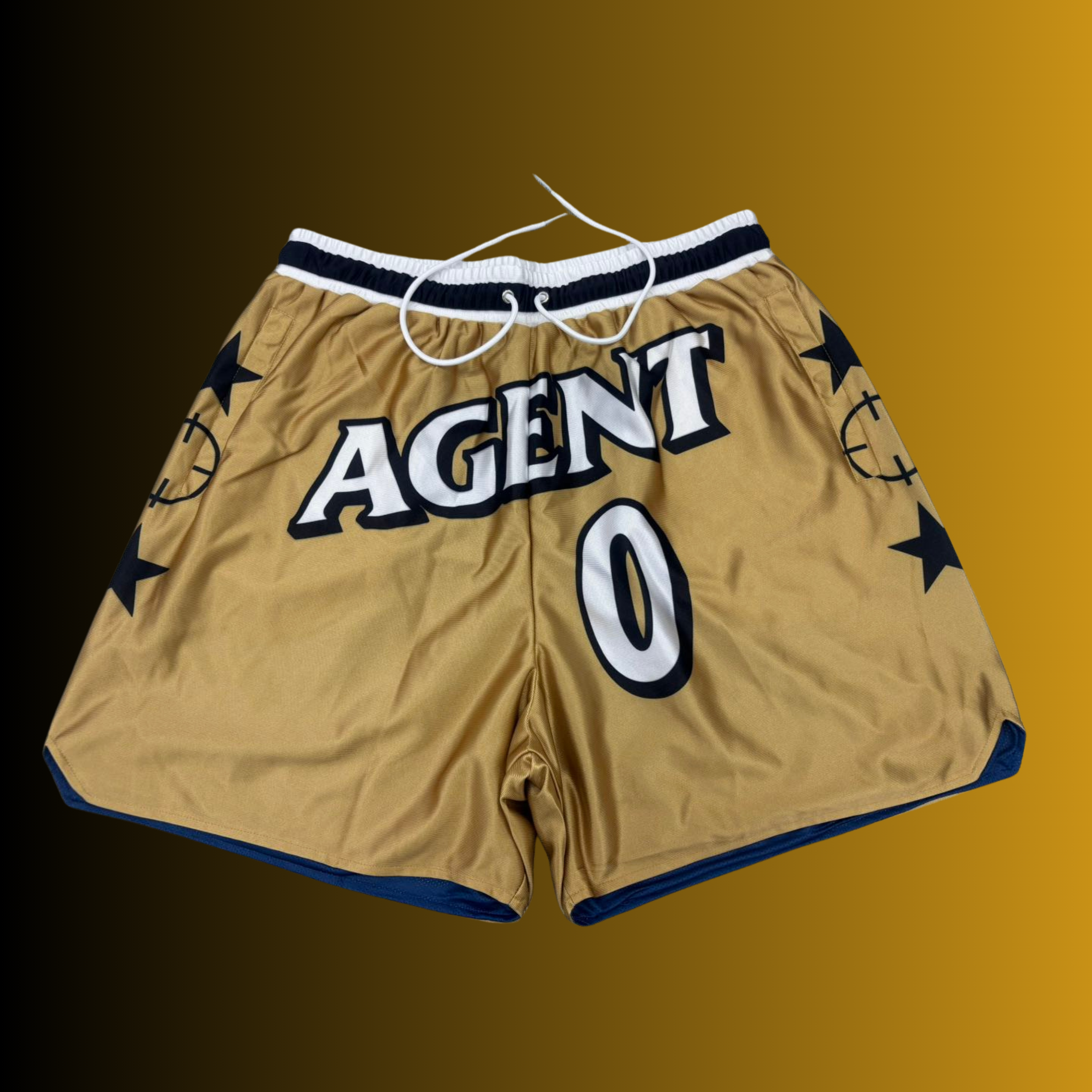 Gold shorts with 'AGENT' and number '0' on a gradient background